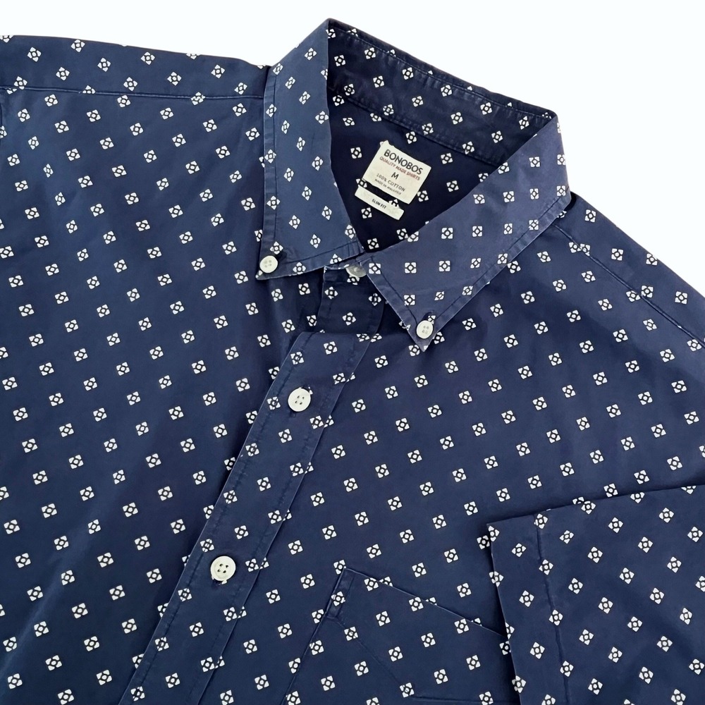 Bonobos Mens Button Down Shirt M Blue Geometric Slim Fit SS Cotton Modern Preppy